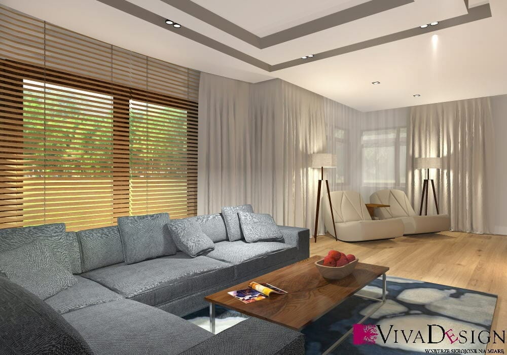 salon, podłoga drewniana, sofa, fotel, sofa narożna, lampy stojące, żaluzje drewniae, wizualizacja, viva design