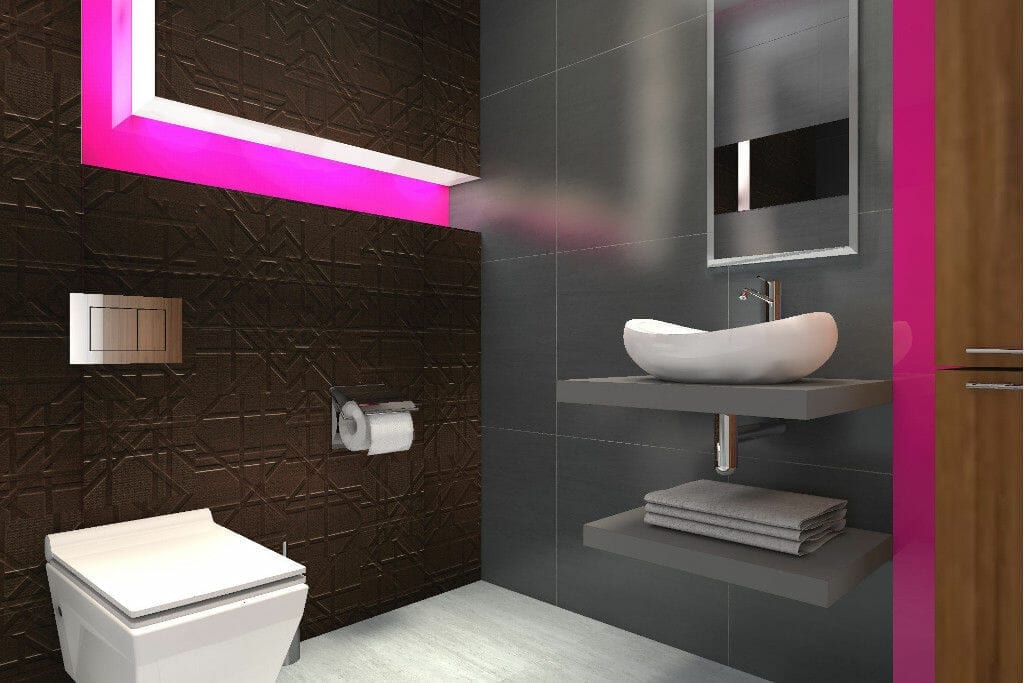 toaleta, łazienka, odważna, odważne kolory, fiolet, brąz, grafit, szary, umywalka wolnostojąca, wizualizacja viva design, rzeszów