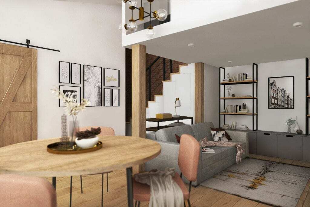 Wizualizacje apartamentu na wynajem - Warszawa, ul. Brzeska, widok na salon z jadalnią i antresolą, stół jadalniany z drewnianym blatem i metalowymi nogami, cztery krzesła z metalową konstrukcją oraz obiciem w kolorze ceglastym, dwuosobowa sofa z obiciem w kolorze szarym, ceglasta ściana, balustrada wejścia na antresolę metalowa, na ścianie obrazki, projekty wnetrz, projektowanie wnetrz, Kraków, Rzeszów, Rzeszow, architektura wnętrz
